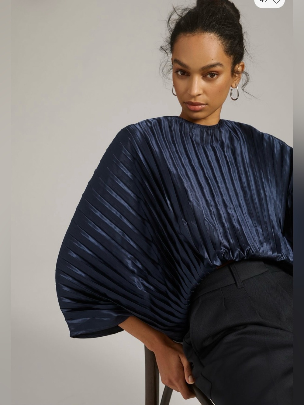 Anthropologie Nikasha Pleated Navy Satin Balloon-Sleeve Top size S. Like new.